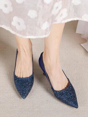 Women's Blue Kitten High Heels 2 Inch Sequin Pointed Toe Leather Pumps Shoes